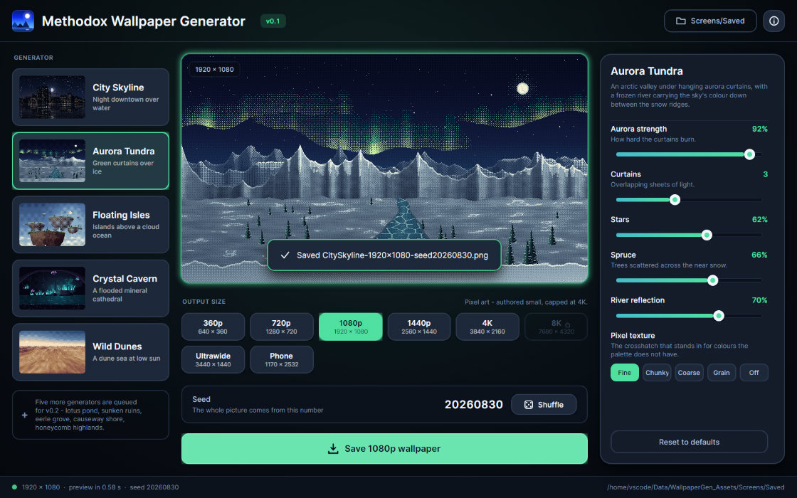 The application with Aurora Tundra selected, its accents green