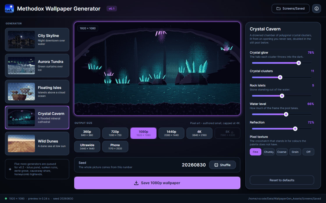 The application with Crystal Cavern selected, its accents violet