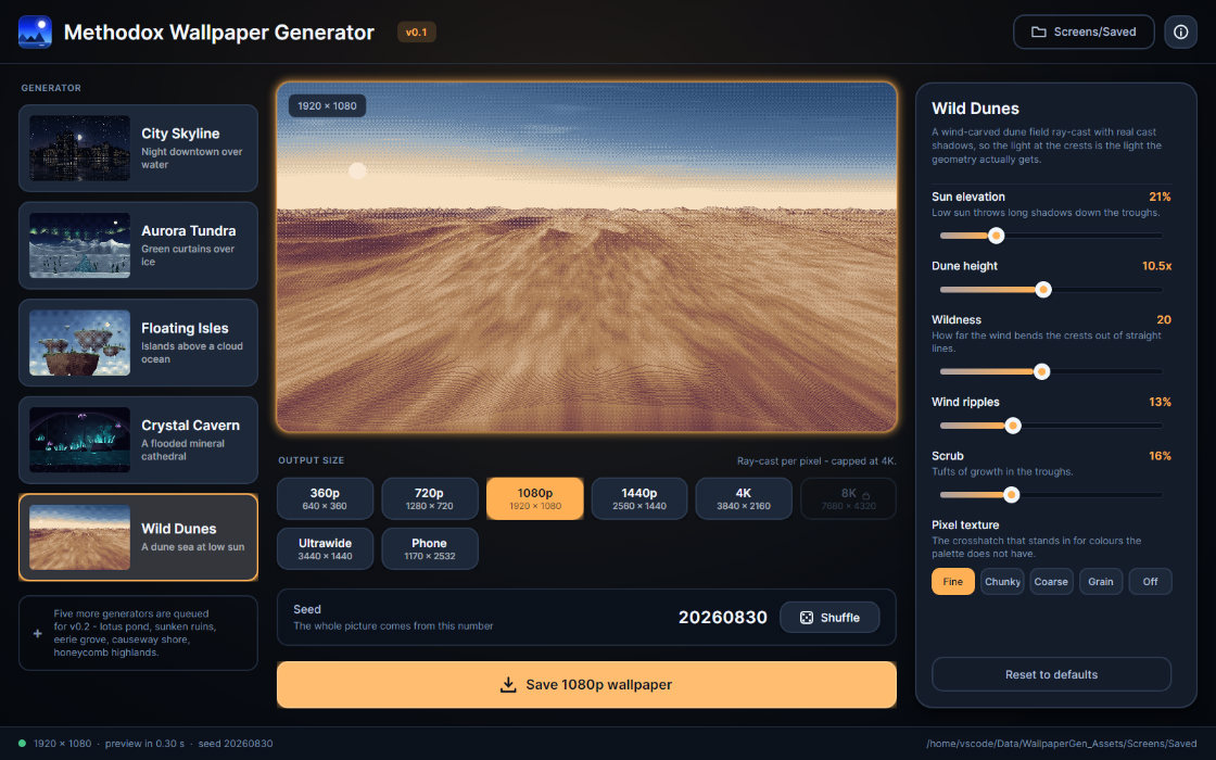 The application with Wild Dunes selected, its accents amber