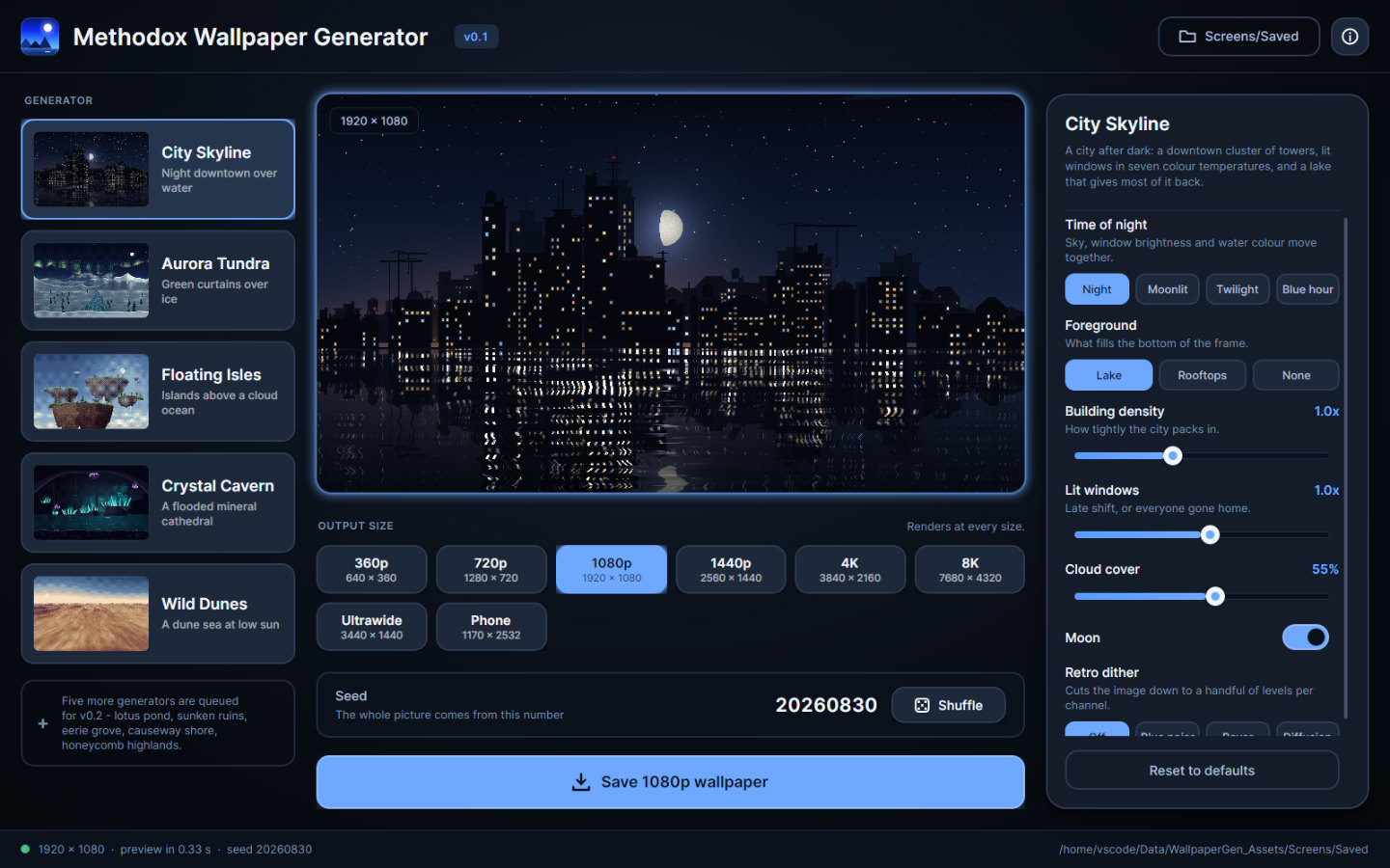 The Methodox Wallpaper Generator window: a rail of generators on the left, a large preview in the centre with the output sizes beneath it, and the generator's options on the right
