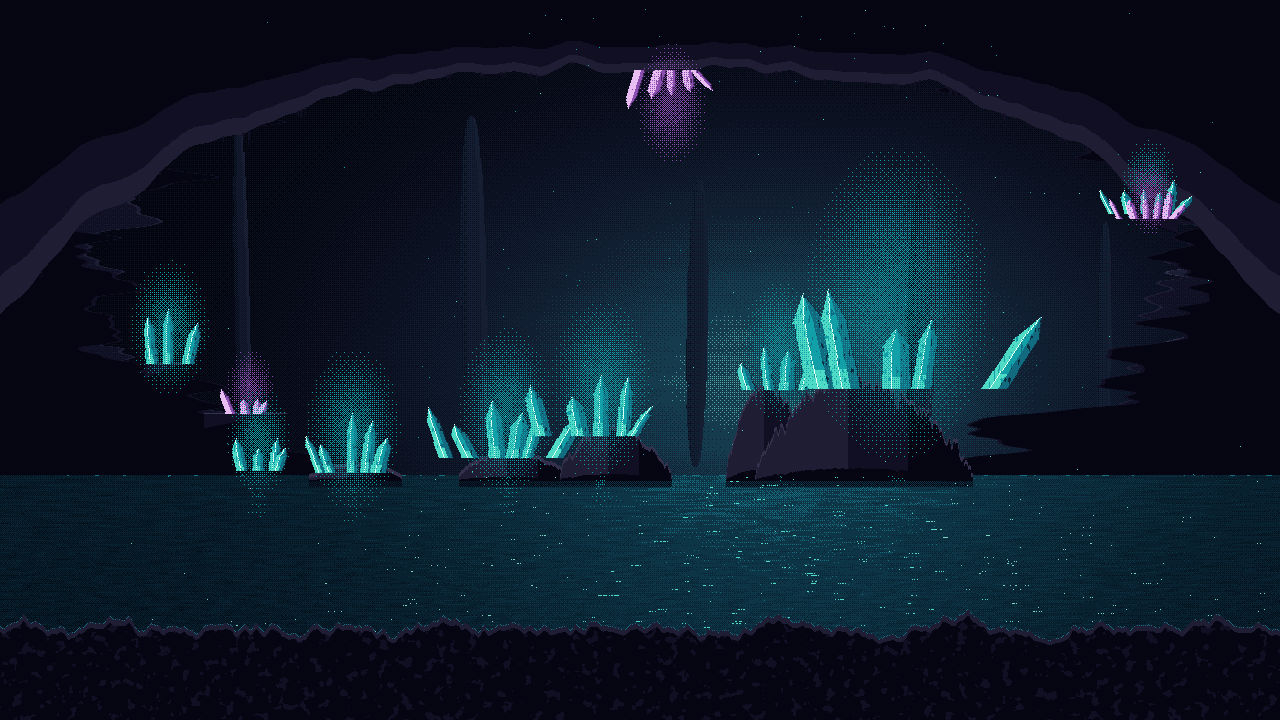 A flooded cavern of glowing crystal clusters