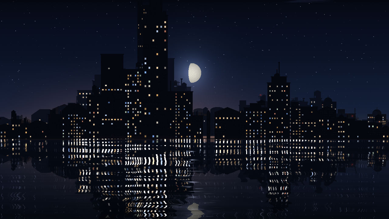 A night city skyline with lit windows, mirrored in a lake
