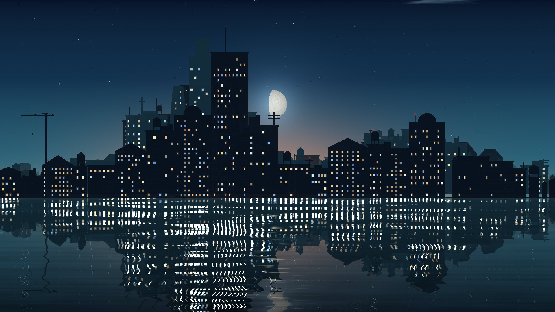A city skyline at blue hour, mirrored in still water